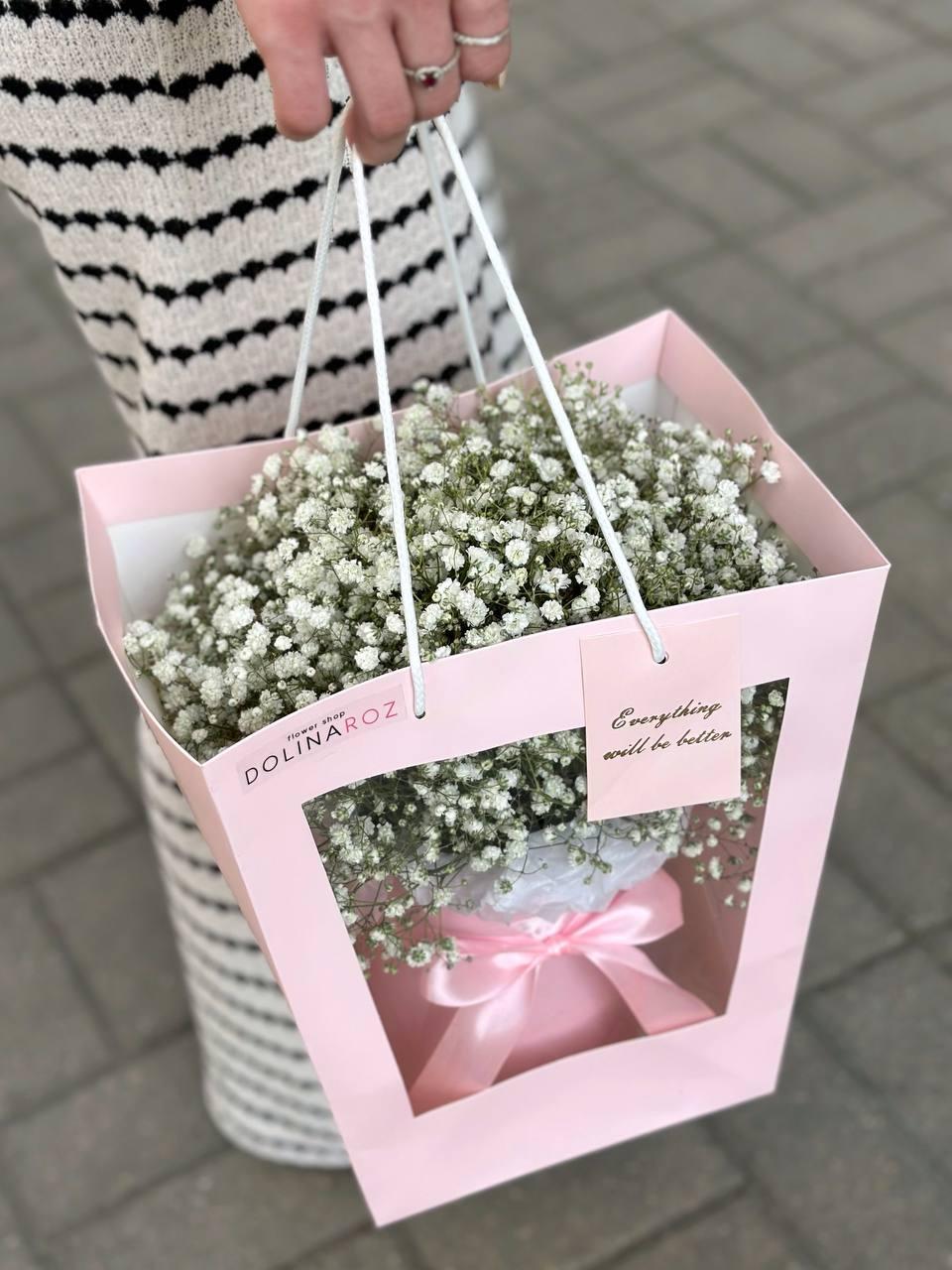 Box of gypsophila "White in pink"