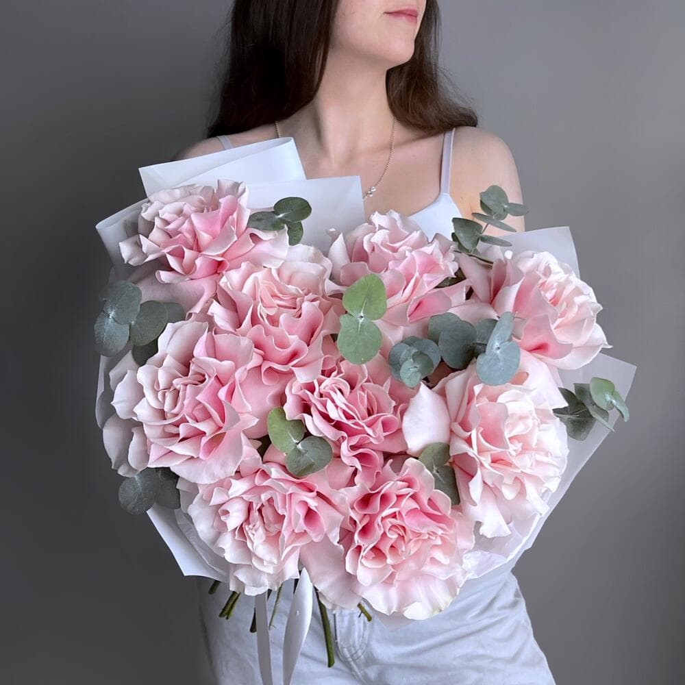 Букет французских роз "9 Пинк Мондиаль+эвкалипт Цинерия"