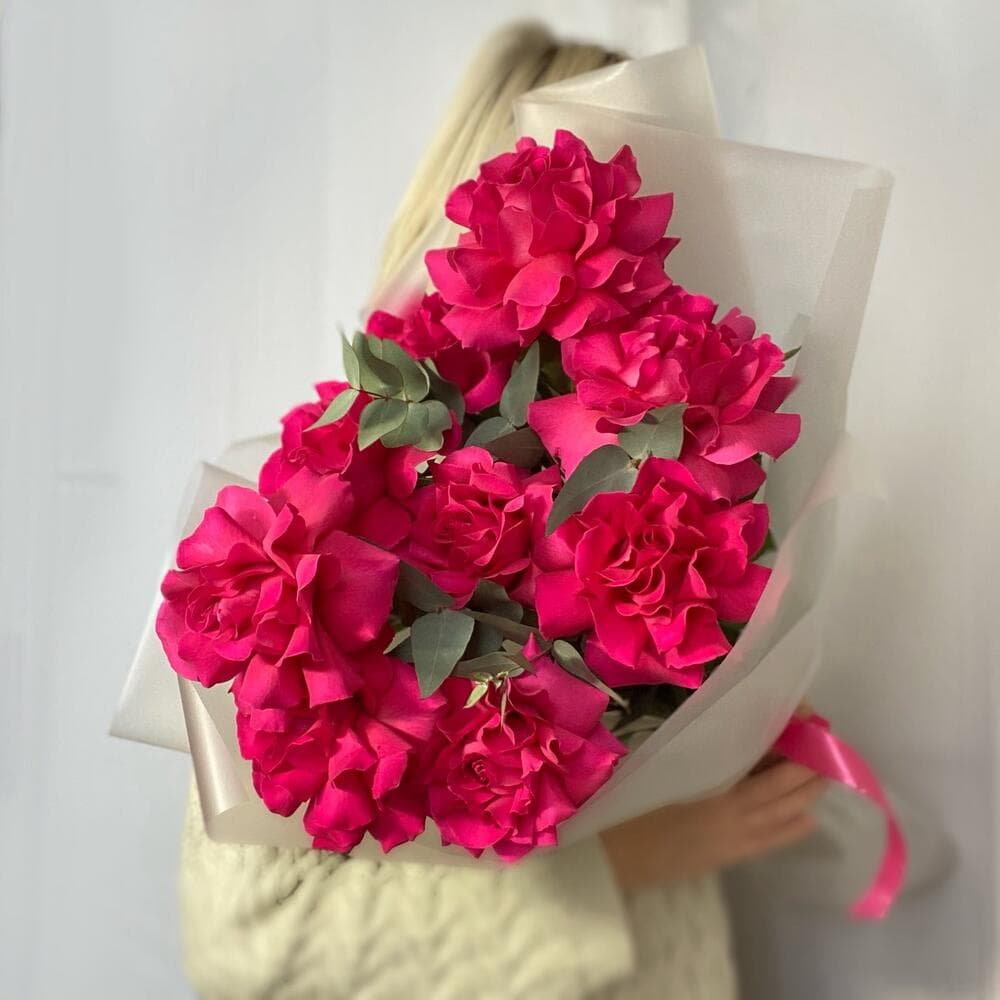 Букет французских роз "9 Пинк Флойд с эвкалиптом"