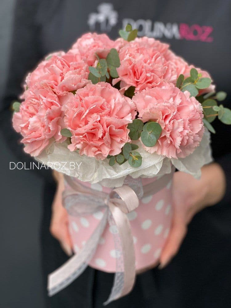 Box of carnations with eucalyptus "Trembling"