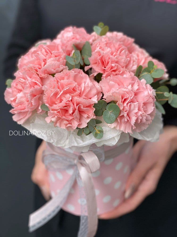 Box of carnations with eucalyptus "Trembling"