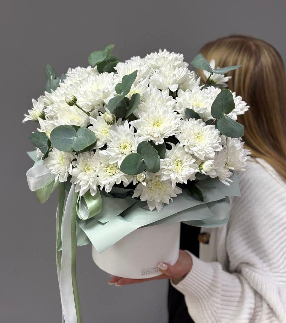 Chrysanthemums in a box "Baltika with eucalyptus"