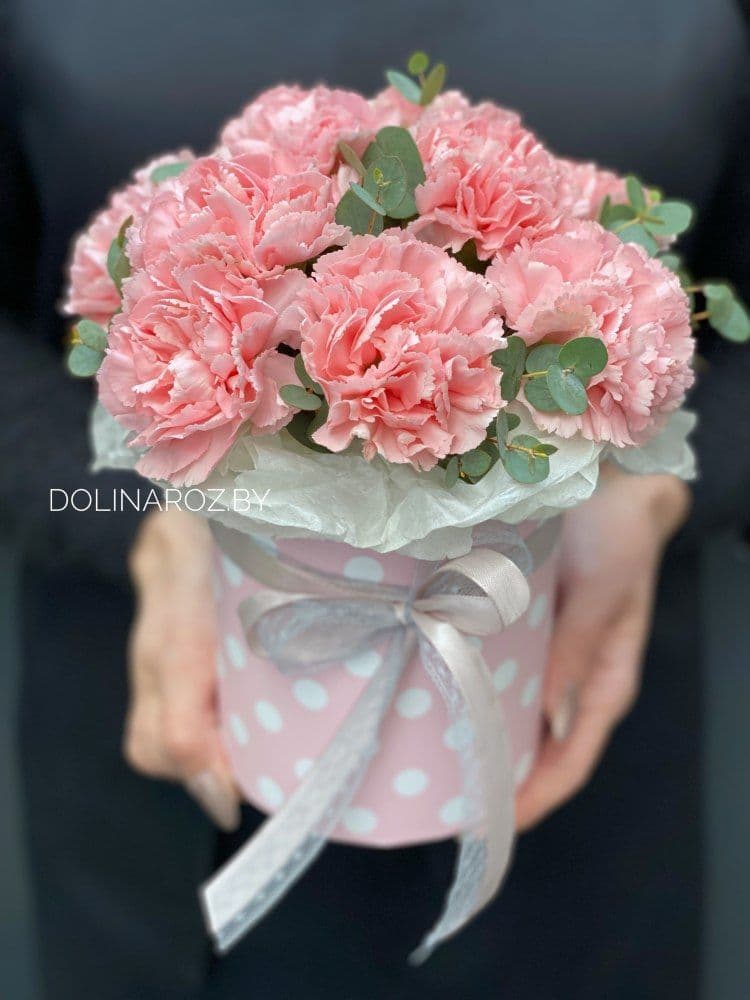 Box of carnations with eucalyptus "Trembling"