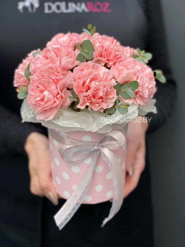 Box of carnations with eucalyptus "Trembling"