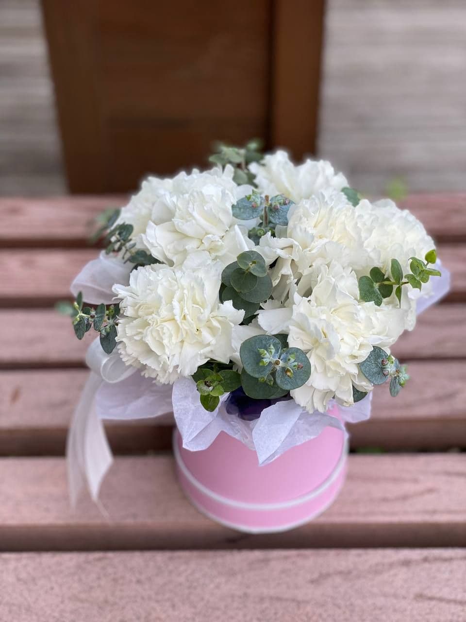 Box of Carnations "White with Eucalyptus"