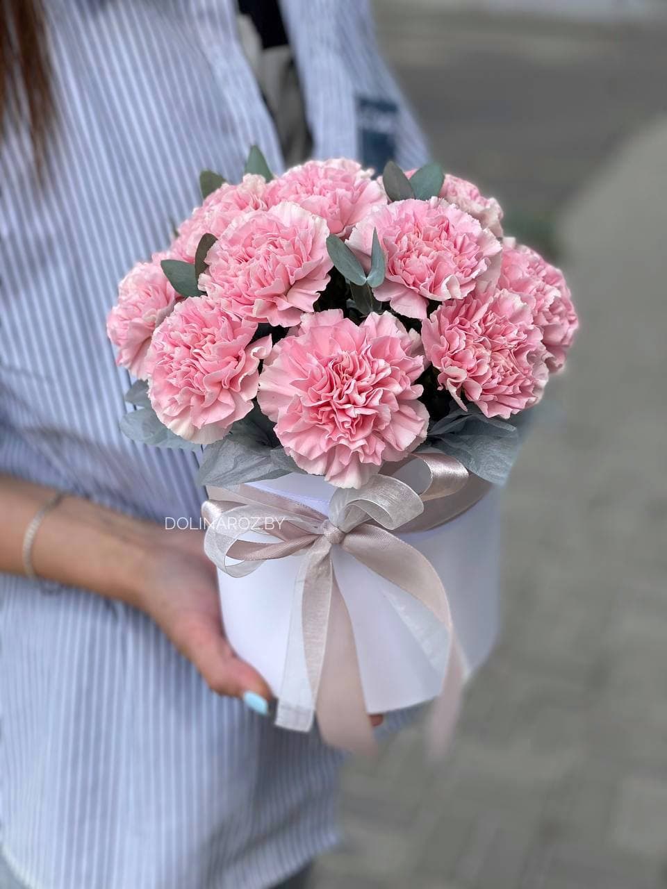 Коробка гвоздики с эвкалиптом "Келли"