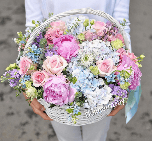 Basket with flowers "Blue hydrangea"
