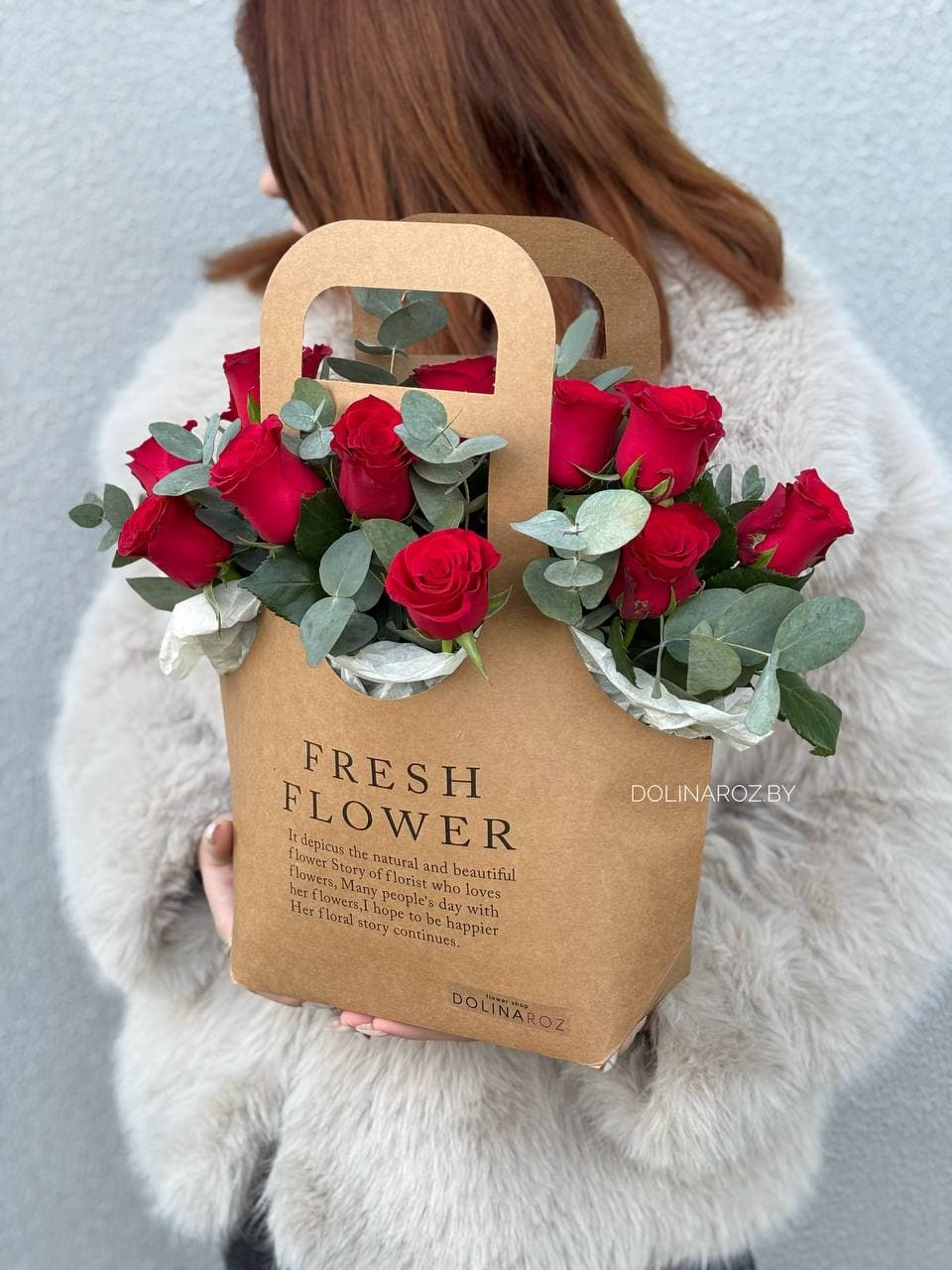 Arrangement "Red Roses and Eucalyptus. Kraft Bag"