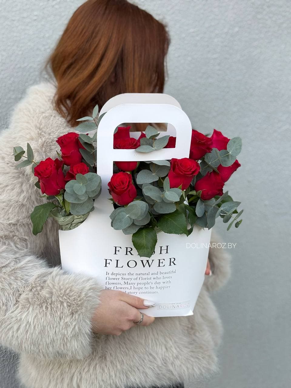 Arrangement "Red Roses and Eucalyptus. White Bag"