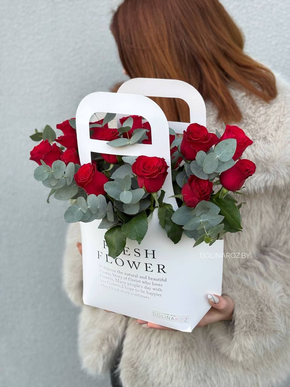 Arrangement "Red Roses and Eucalyptus. White Bag"