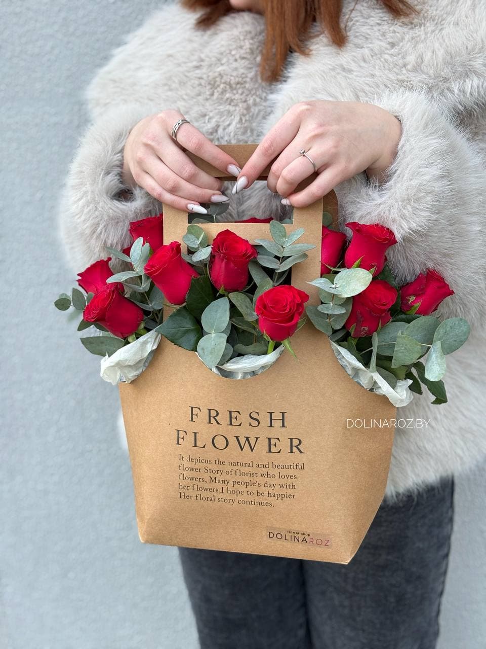 Arrangement "Red Roses and Eucalyptus. Kraft Bag"