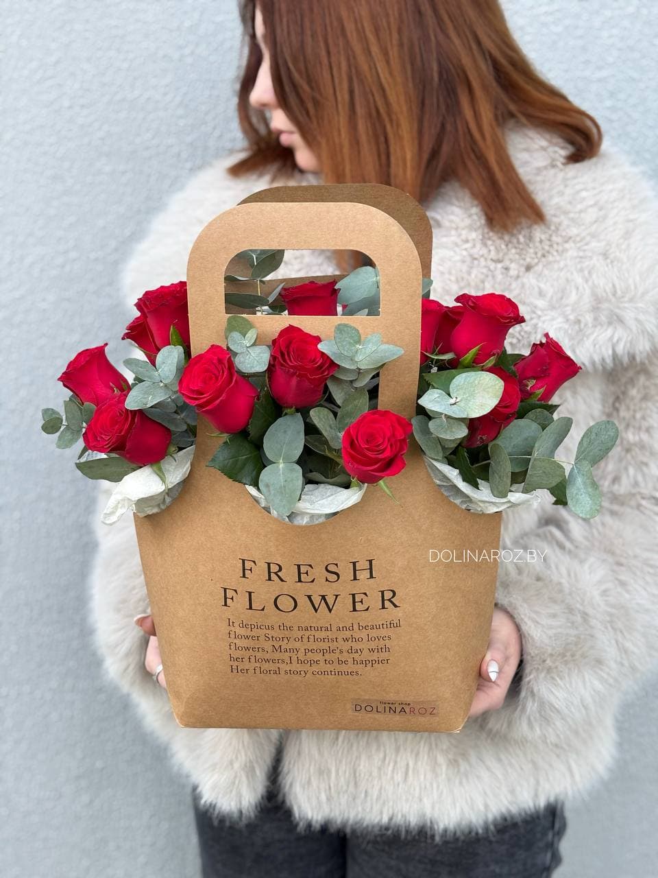 Arrangement "Red Roses and Eucalyptus. Kraft Bag"