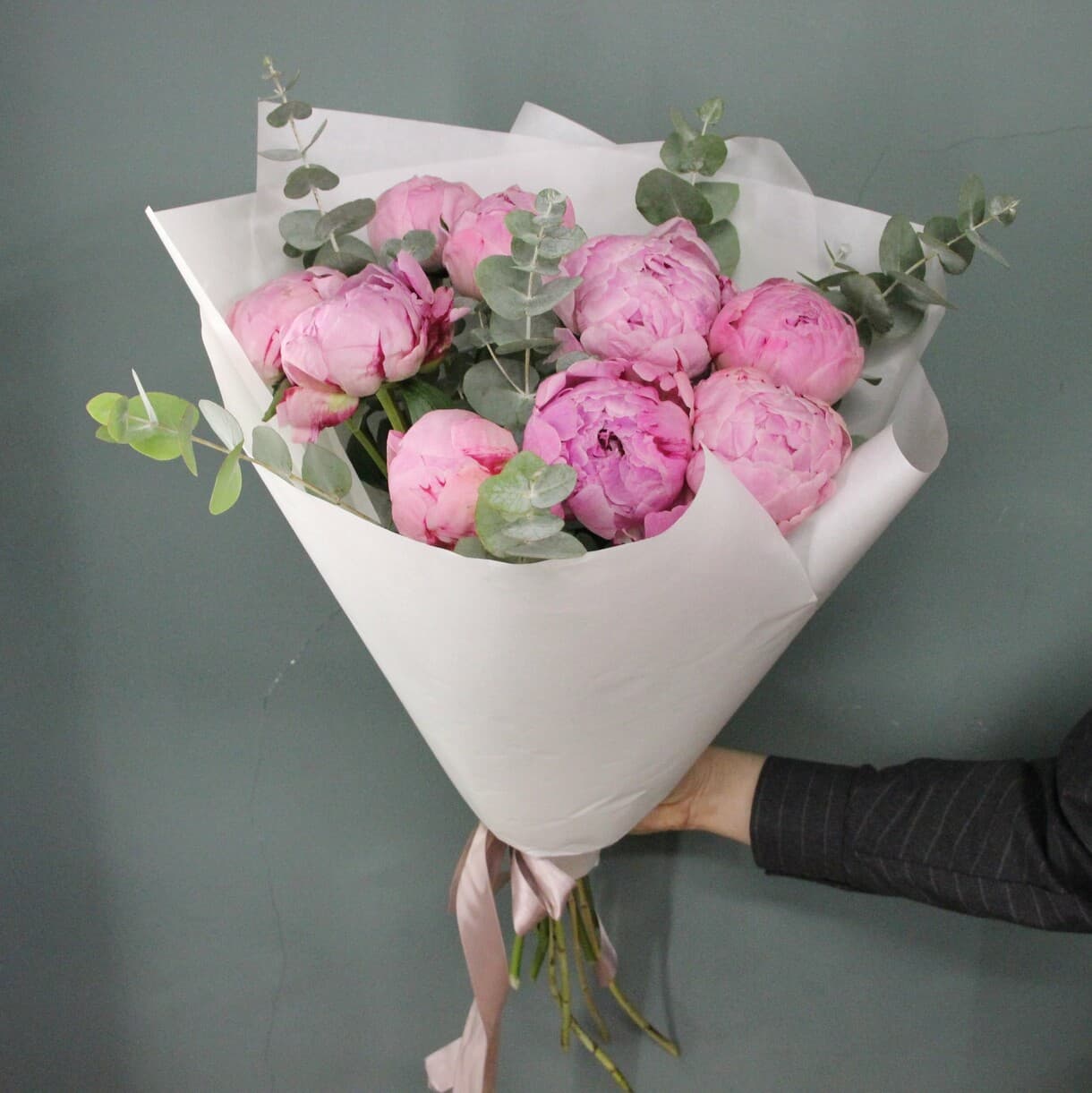 Bouquet of peonies "9 Sarah Bernhardt with eucalyptus"