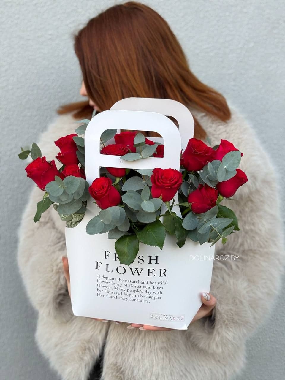 Arrangement "Red Roses and Eucalyptus. White Bag"