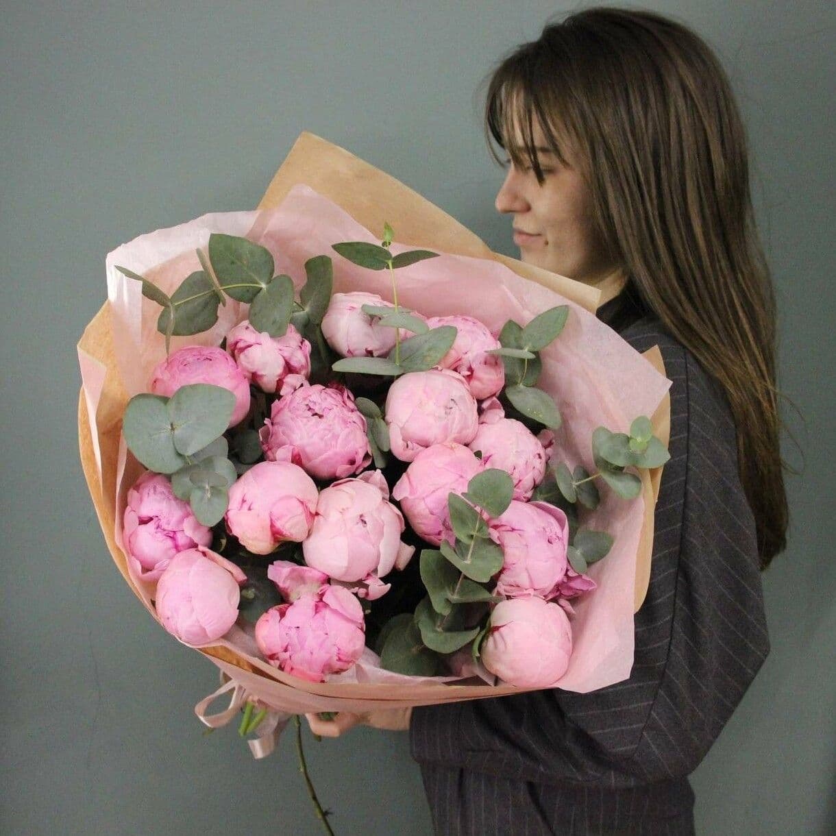 Bouquet of peonies "15 Sarah Bernhardt with eucalyptus"