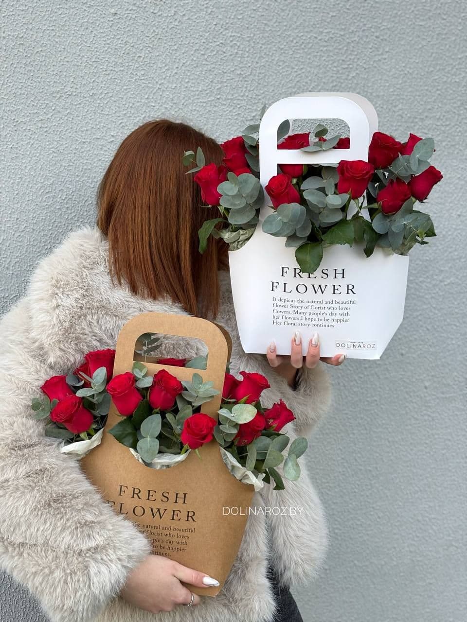 Arrangement "Red Roses and Eucalyptus. White Bag"