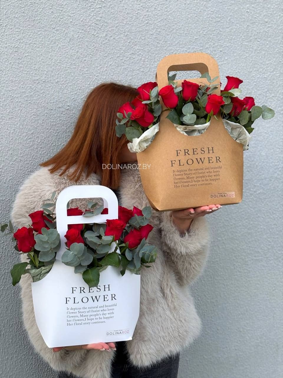 Arrangement "Red Roses and Eucalyptus. White Bag"