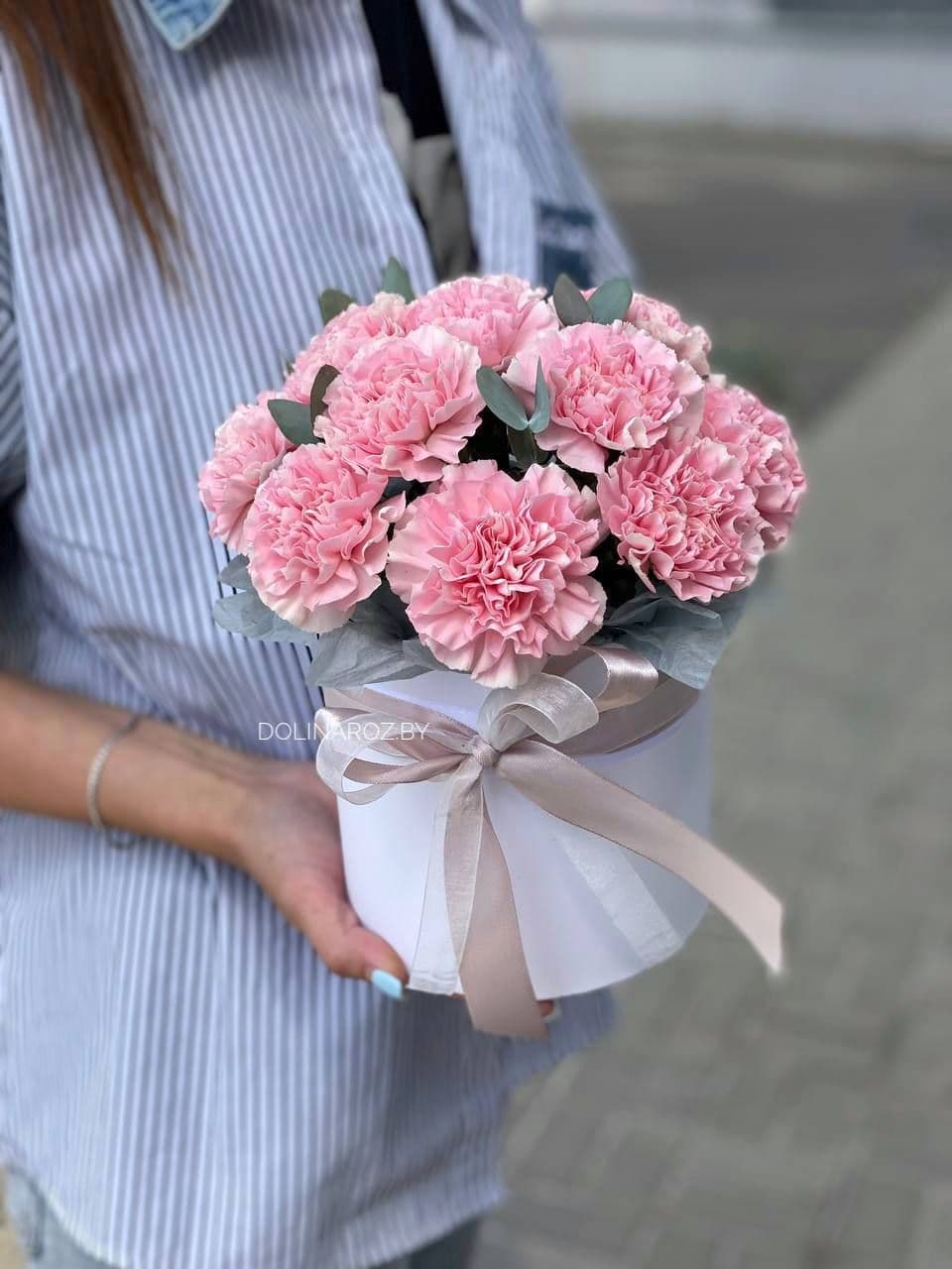 Box of carnations with eucalyptus "Kelly"